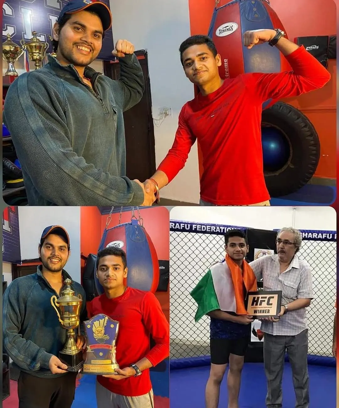 Athletes posing with trophies and the HFC Winner award, supported by the group