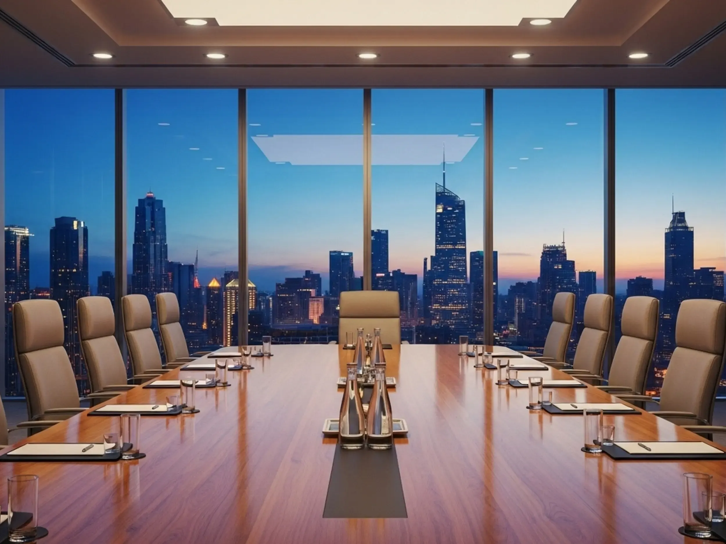 A boardroom table set for a review meeting
