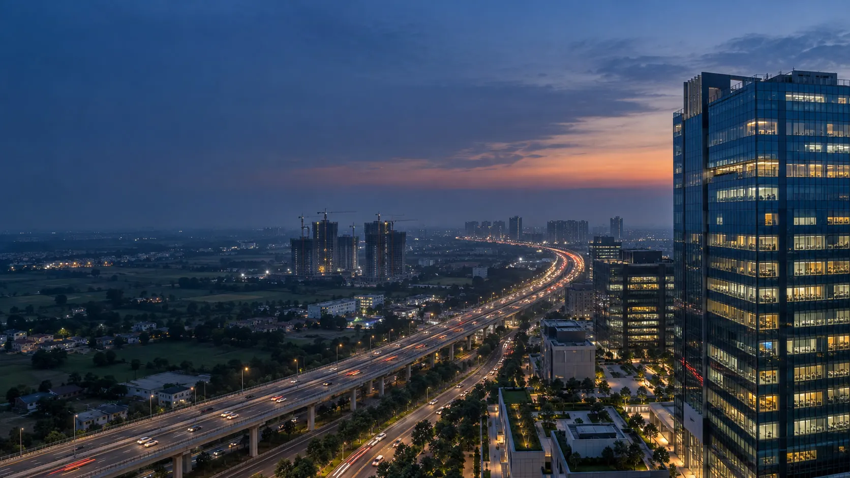 Farmland, construction, logistics, a clinic and residential towers in one landscape at sunset