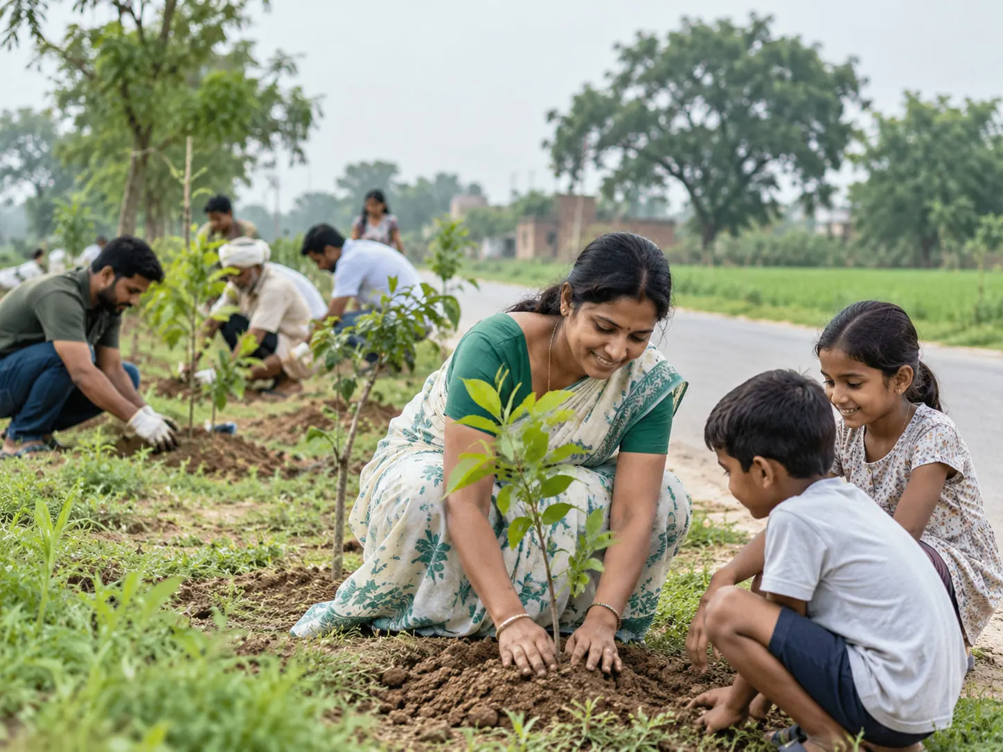 Volunteers and residents planting saplings along a village road