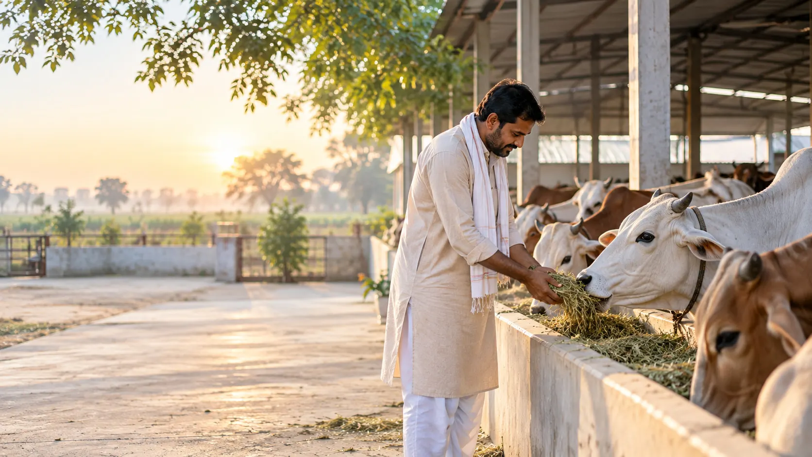 A caretaker feeding cattle at a gaushala in morning light