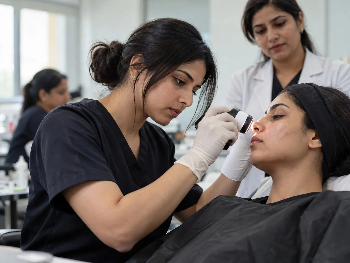 A student practising a skin analysis technique under an instructor