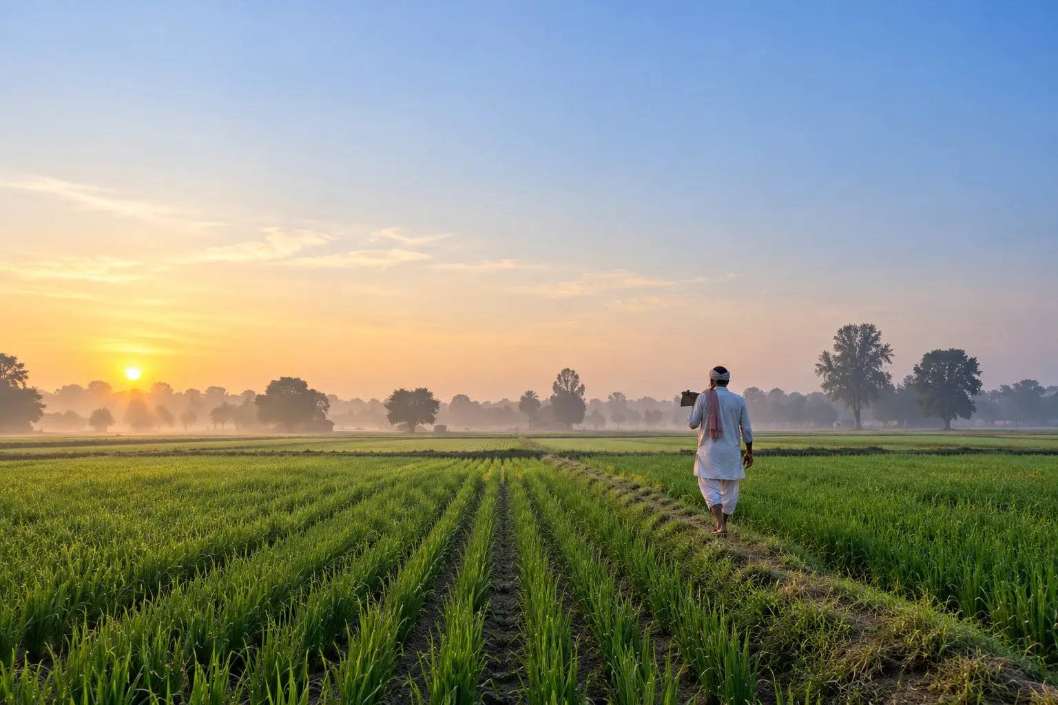 Rows of crops on farmland in northern India at sunrise