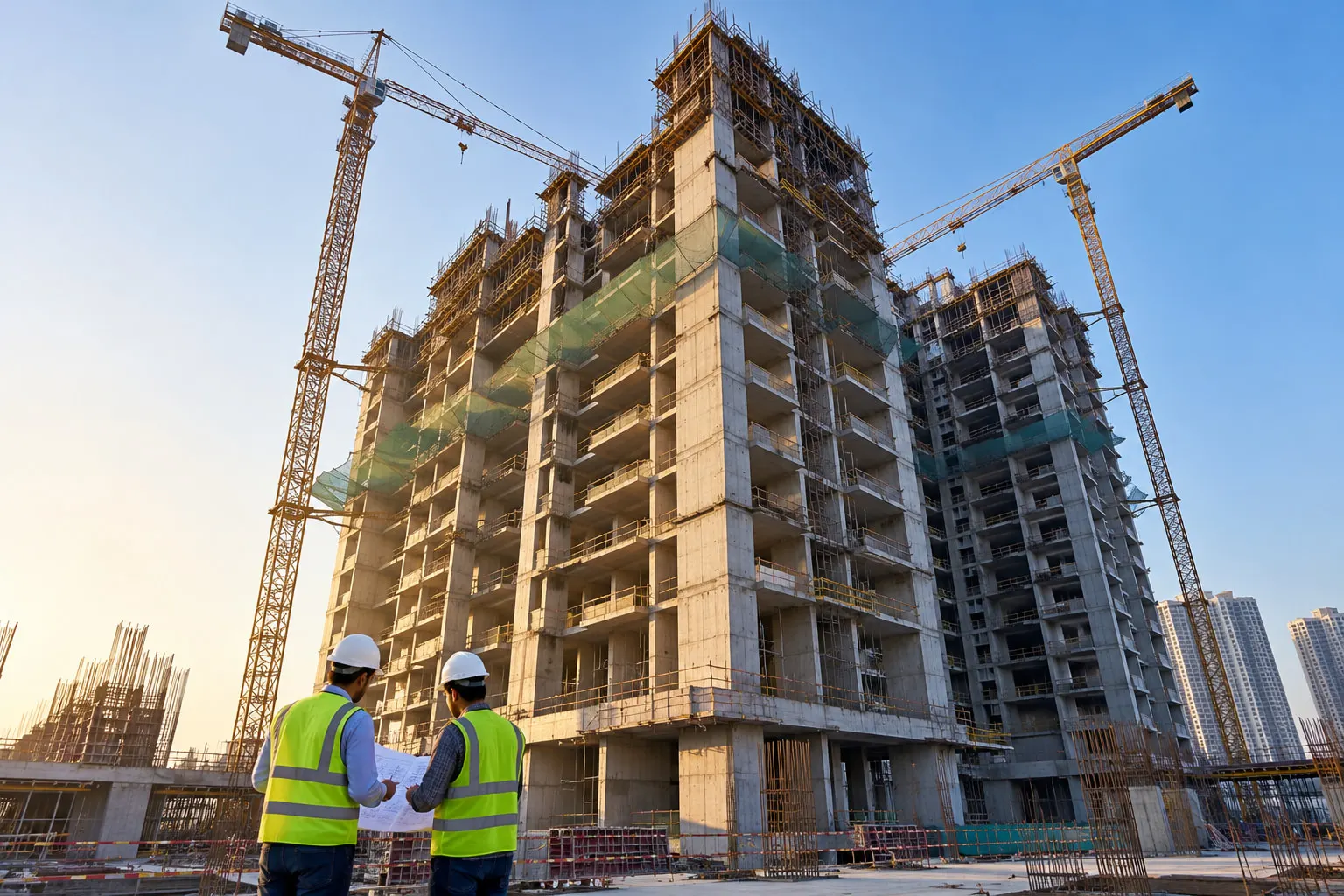 A construction site with tower cranes at dawn