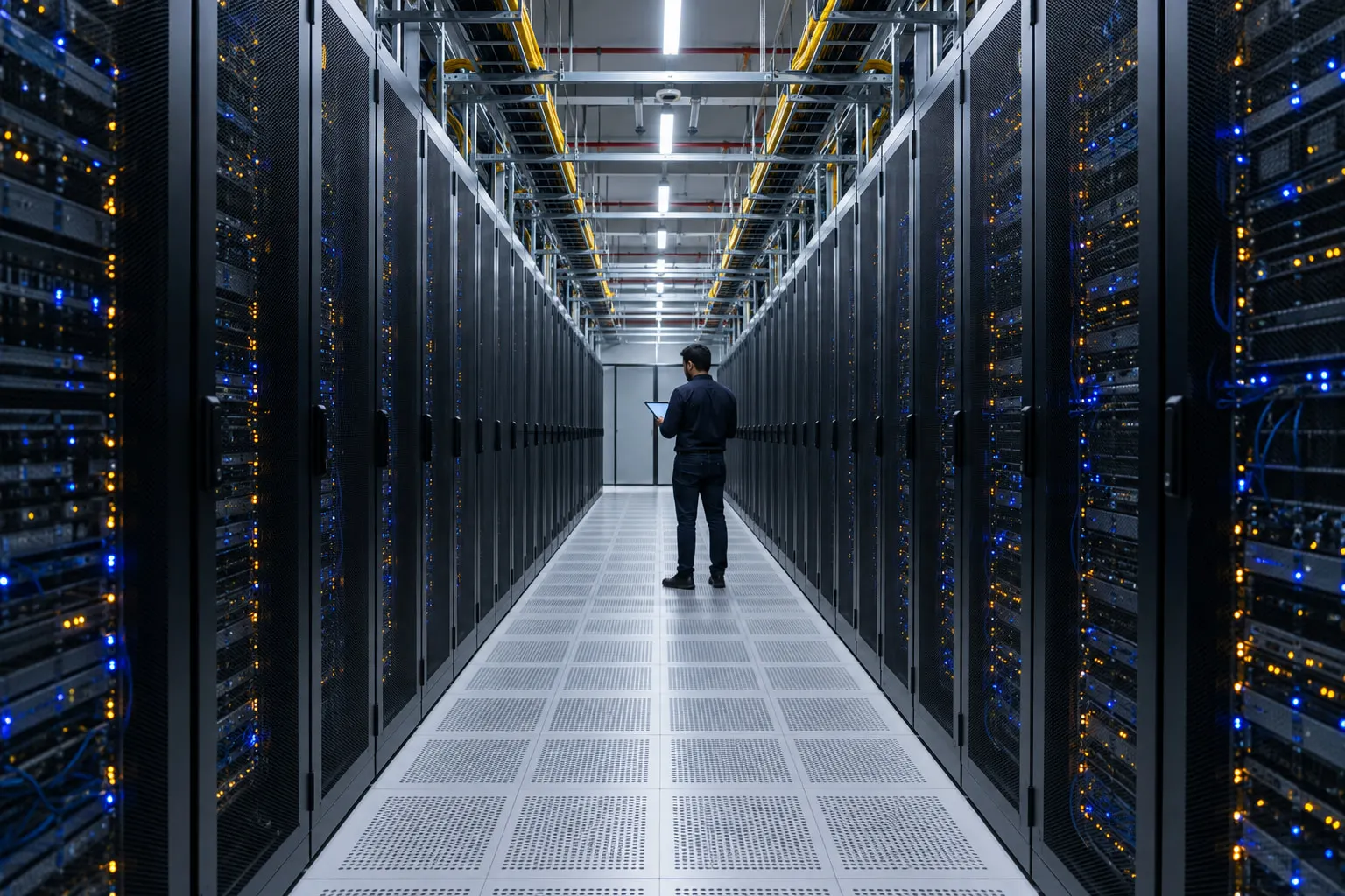 Server racks in a data centre aisle